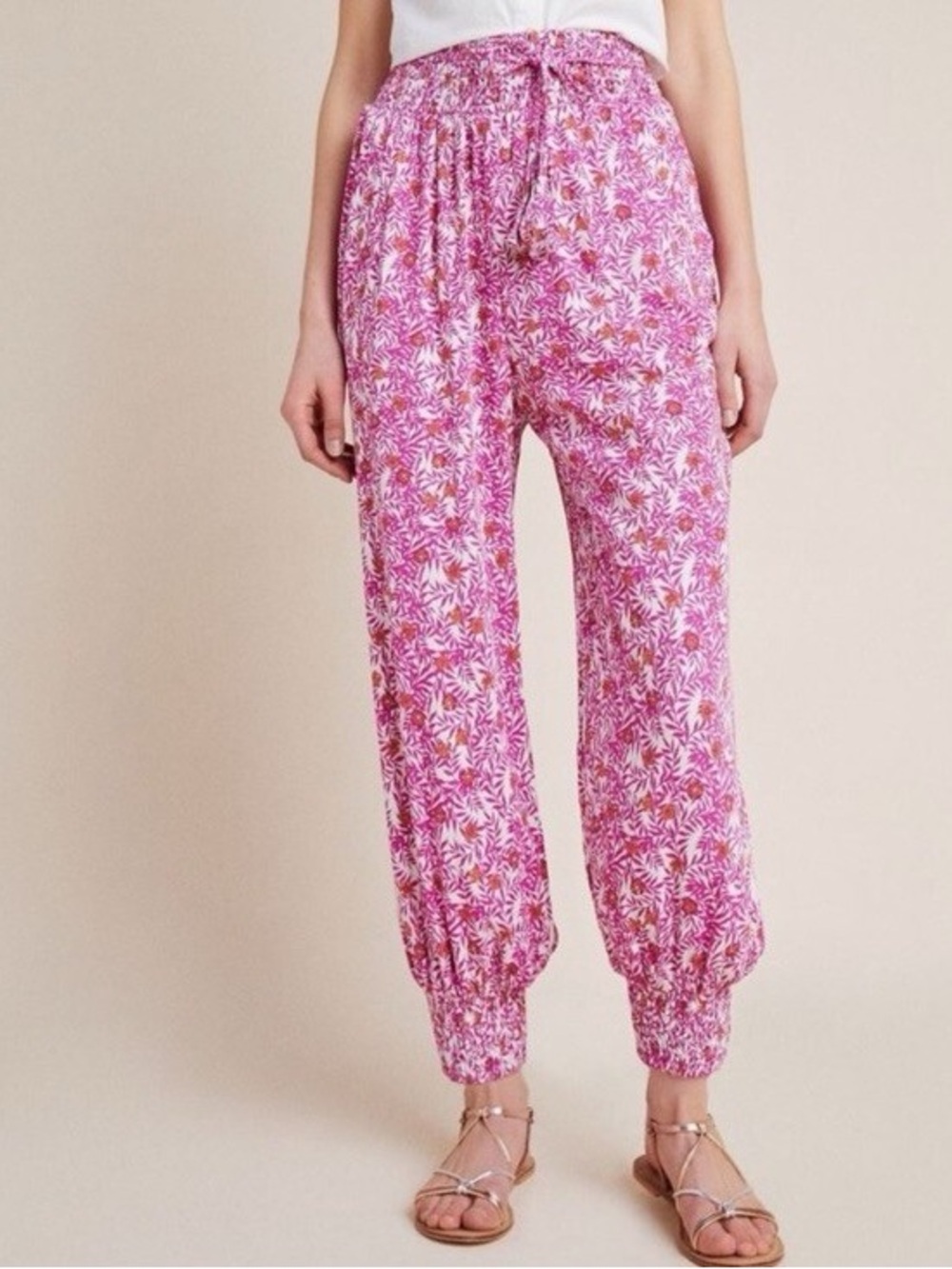 Anthropologie Floral High Waisted PrintHarem Pink Pants Joggers boho